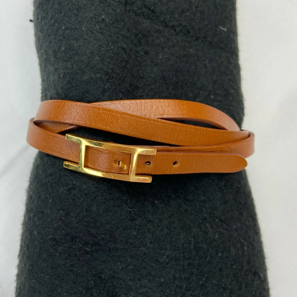Hermes Mens Tan Leather Wrap  bracelet‎ Gold Tone H Buckle